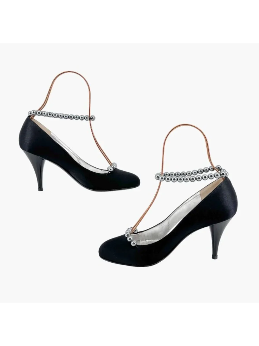 Chanel Pearl Ankle Strap Pumps Heels Black Satin Size 38 US 7–7.5 Women Anklet - Picture 12 of 15